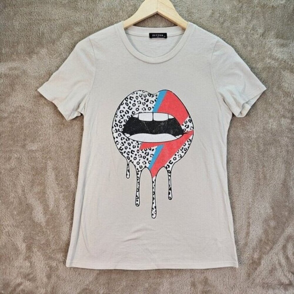 Zutter USA T-Shirt Lightning Bolt Dripping Lips Graphic Print Tee Womens Size S
